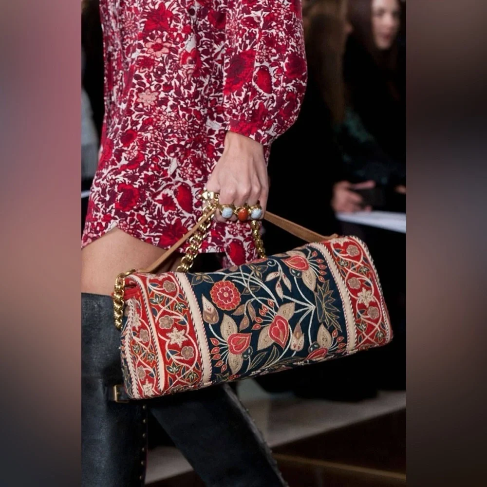 Tory Burch Tapestry Embroidered Barrel Bag‎ Floral Carpet Navy Red Gold GUC